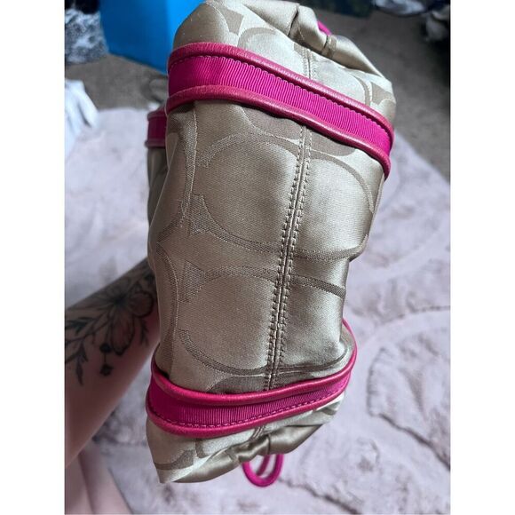 Coach Signature Poppy Canvas Contrast Trim Tote Shoulder Bag Beige Pink Large GU - Picture 3 of 6